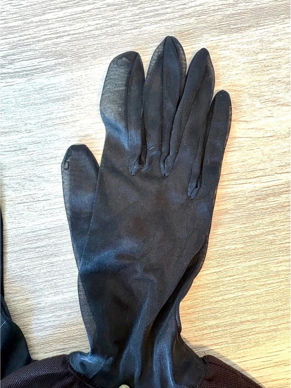 Vintage Black Sheer Nylon Gloves Tulle Ruffle Cuffs Faux Pearl Formal 1960s